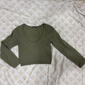 Zara Olive Ribbed Long Sleeve Scoop-Neck Top